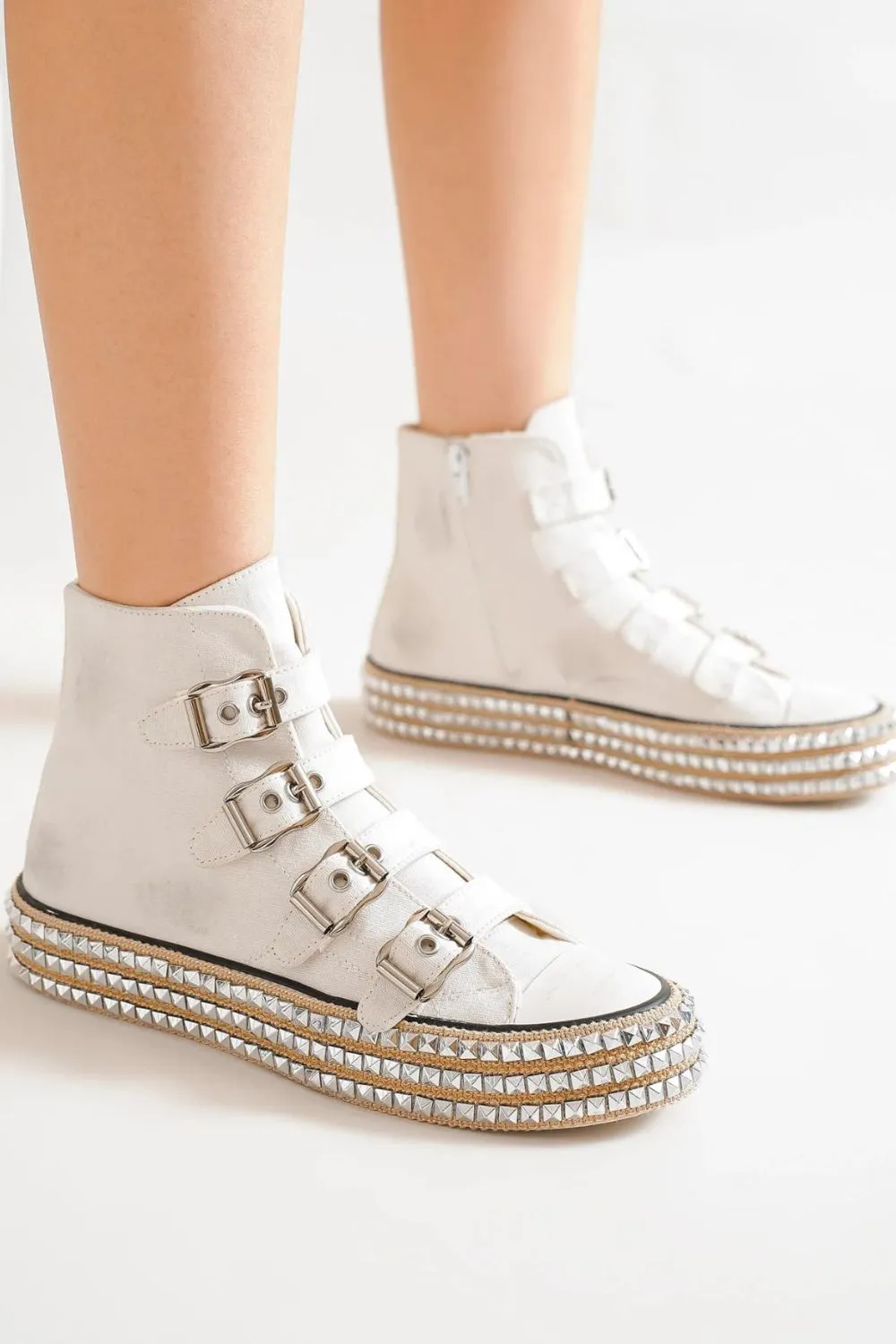 Studded Platform Sneakers in White